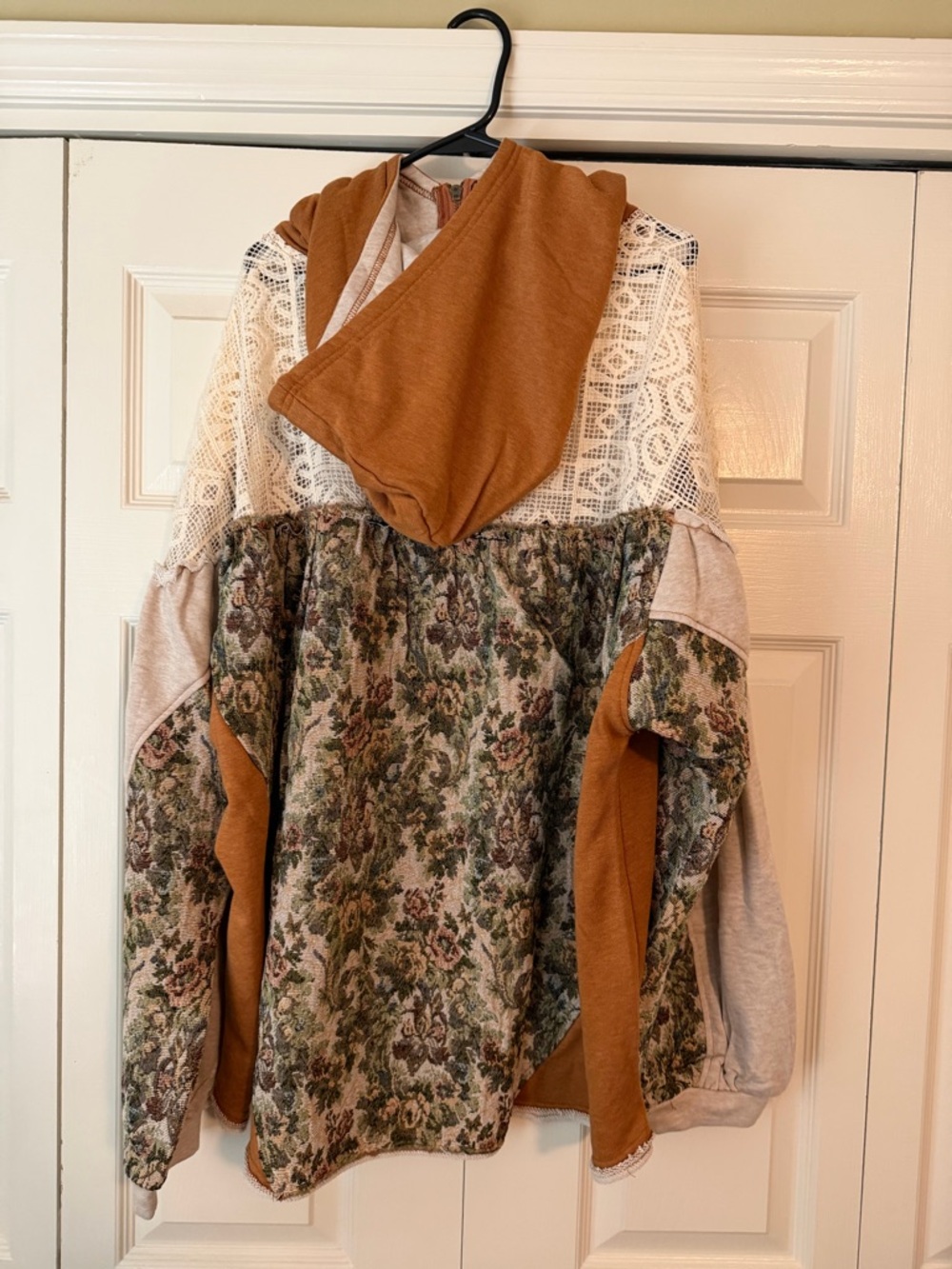 Boho Patchwork Zip-Up Hoodie in Brown, Cream & Olive Floral - Picture 3 of 4